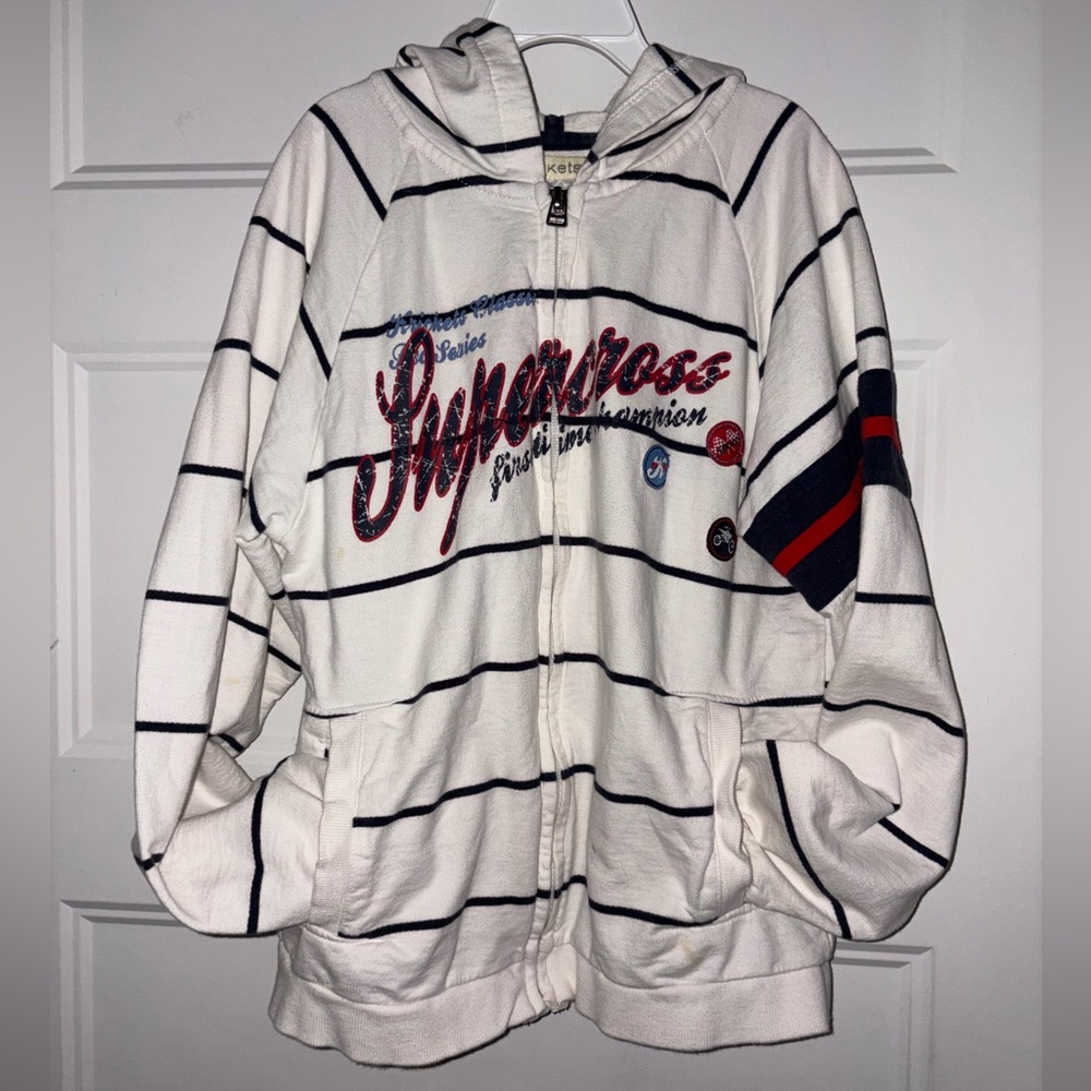 White Striped Hoodie with Red and Navy Accents